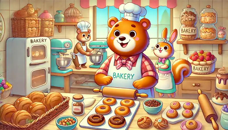 A cheerful cartoon-style bakery with anthropomorphic animals as bakers, including a bear wearing an apron, a squirrel tossing dough, and a rabbit arranging pastries.