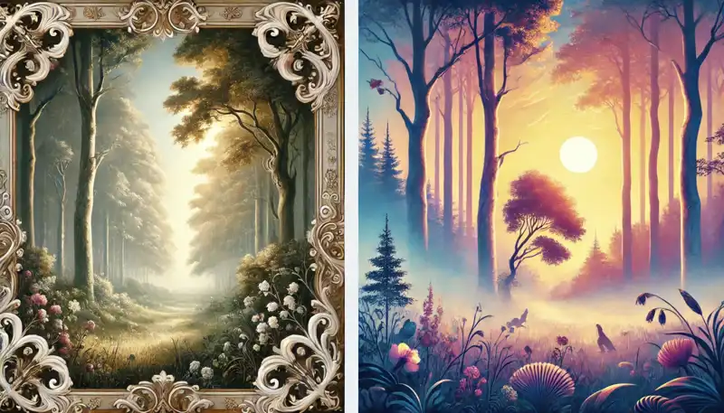 Split-view illustration of a serene forest at dawn with soft mist and glowing light. Left side is in Rococo style with pastel colors, ornate details, and elegant brushwork. Right side is in abstract style with bold shapes, simplified forms, and vibrant brushstrokes.