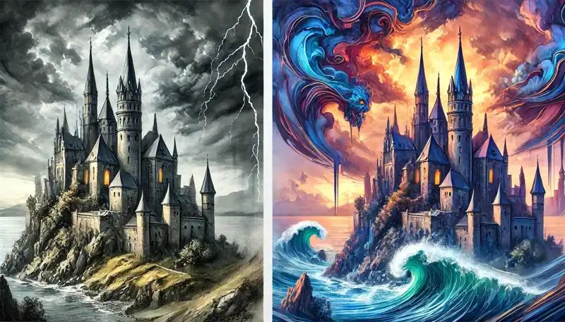 Split-view illustration of a dramatic medieval castle perched on a cliff under a stormy sky. Left side features a watercolor style with soft textures, intricate towers, and crashing waves. Right side showcases an abstract style with bold shapes, vibrant colors, and expressive brushstrokes.