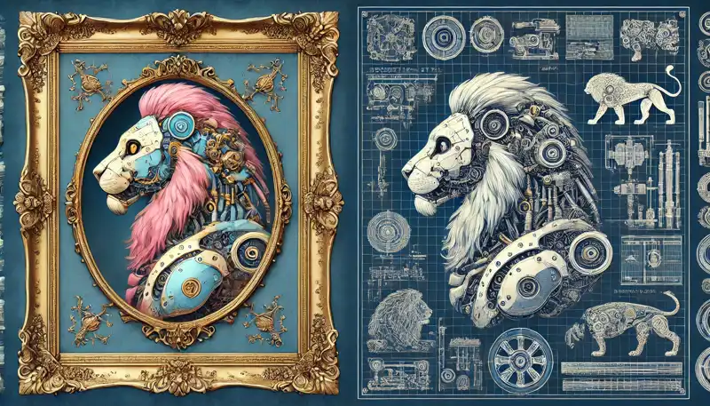 Split-view illustration of a sci-fi robotic lion. Left side features a Rococo style with ornate gold details, pastel colors, and intricate engravings. Right side showcases a blueprint style with white schematic lines, mechanical components, and annotations on a deep blue background.