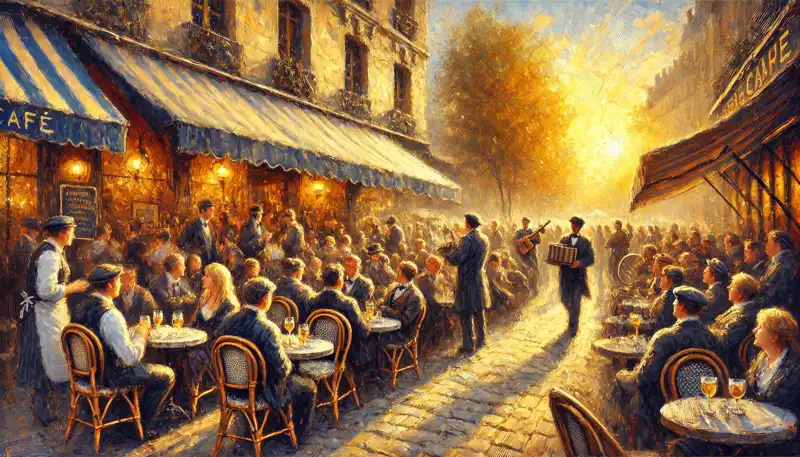 Impressionist painting of a lively Paris café at sunset with people chatting, waiters serving, and musicians playing, framed with warm golden light and soft brushstrokes.