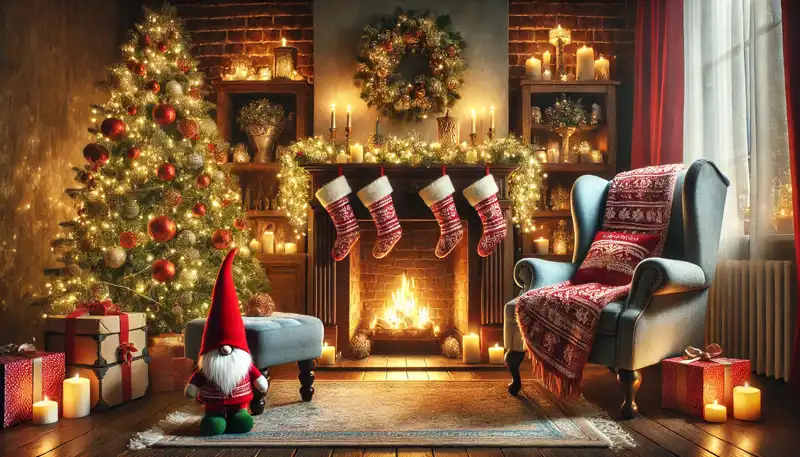 Warm Christmas living room scene with multiple armchairs, a crackling fireplace, a decorated tree with glowing lights, and a festive gnome on the mantel as a charming surprise.