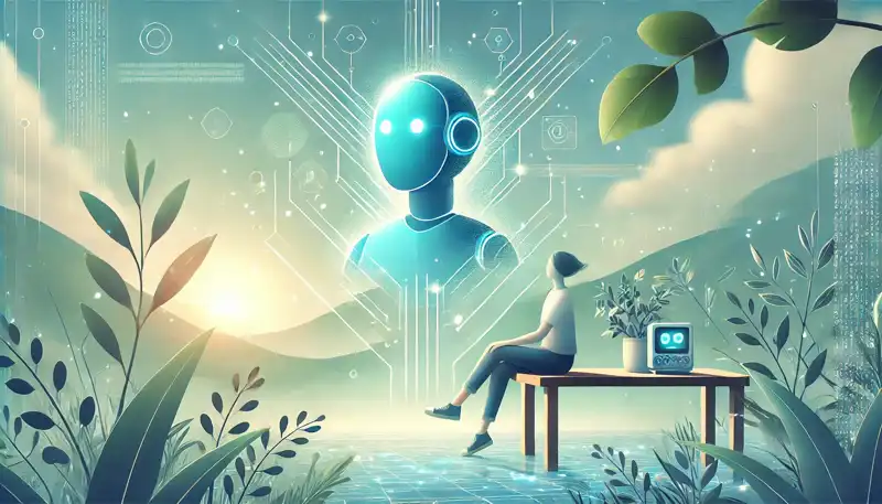 A minimalist image of a person feeling calm and accomplished, sitting back after using a chatbot for self-reflection. The background features soft blues and greens with glowing digital motifs, symbolizing insights and personal growth.