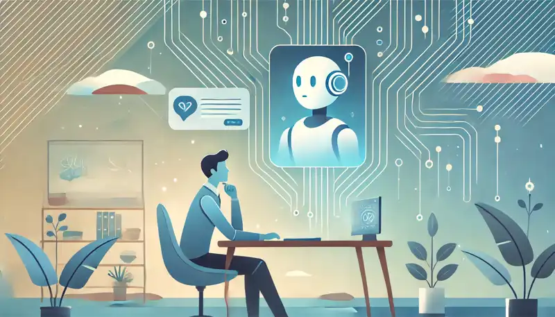 A minimalist image of a person sitting at a desk, thoughtfully interacting with a chatbot on a screen, with a calming background of soft blues and greens and abstract digital motifs.