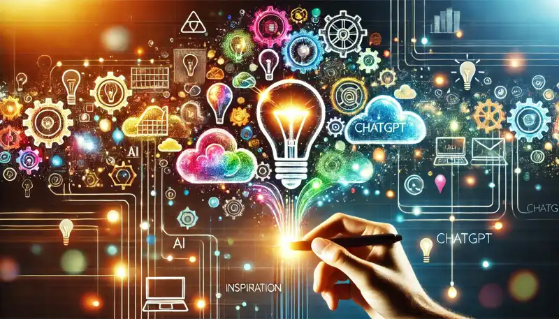 ChatGPT assisting with creative brainstorming, featuring a glowing thought cloud filled with lightbulbs, gears, and writing symbols emanating from a digital AI icon.